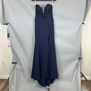 Zoey Grey Navy Blue Beaded Prom Dress 8 Mermaid Slit Plunge Formal Gown Straps